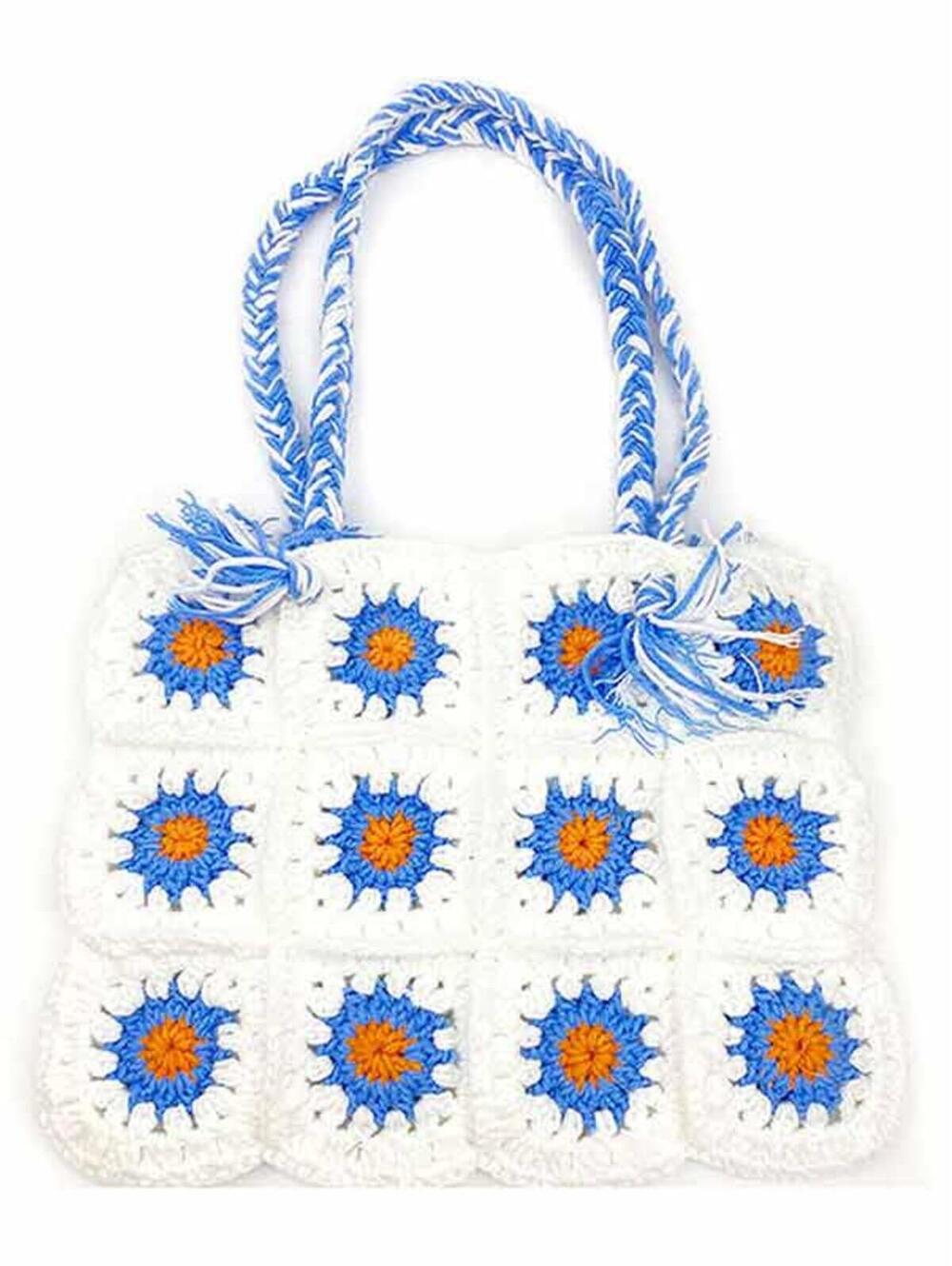 Handmade Crochet Tote Bag with Blue and Orange Floral Motif
